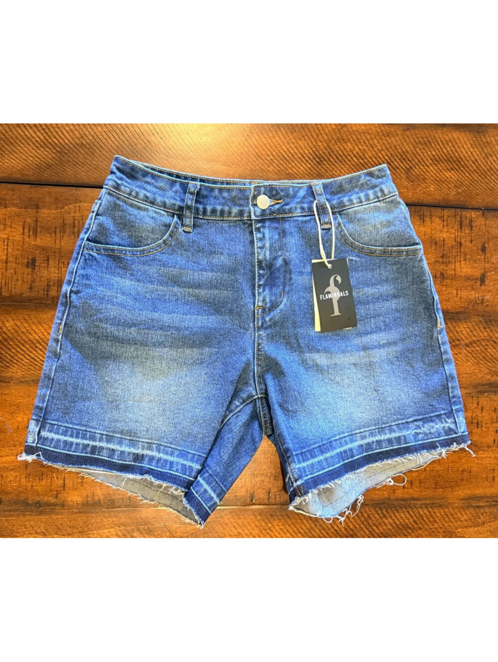 Flamingals Denim Bermuda Shorts Womens S Mid Rise Raw Hem Stretch Blue NWT